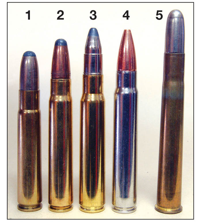 Current popular 9.3mm cartridges include the (1) 9.3x57, (2) 9.3x62 Mauser, (3) 9.3x64 Brenneke, (4) 9.3x66 Sako and the (5) 9.3x74R.